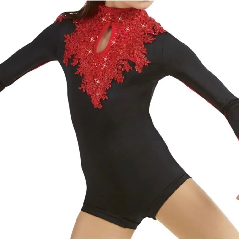 WEISSMAN Dance Costume biketard red lace Hallowed Ground 11084 child MC 10/12